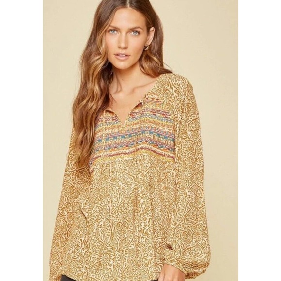 Savanna Jane Marigold Paisley Print Embroidered Blouse Size M EUC